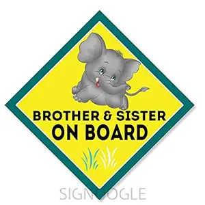 SIGNOOGLE Cute Elephant Kid Theme Brother and Sister On Board Printed 3D Car Graphic Safety Sticker Baby for Windows Multi Colored Car Rear 15.00 x 15.00 cm 2 Pcs