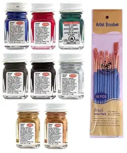 Testors Metallic Enamel Paint Variety, Artic Blue, Graphite Gray, Black, Red, Copper, Silver, Gold, Metal Flake Green, and Thinner 1/4 oz (Pack of 9) - with Spice of Life Paintbrushes