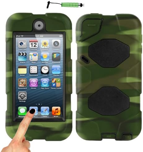 Magic Global Gadgets® Camouflage Heavy Duty Ultra Tough Military Case For Apple iPod Touch 5 (5th Generation) / Apple iPod Touch 6 (6th Generation) Rugged Builders Workman School Extreme Grade Protective Shock Proof Cover With Built In Screen Guard Protector + Mini Capacitive Stylus Touch Pen