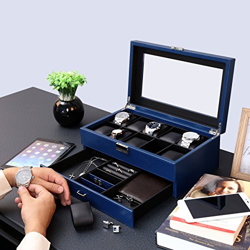 Songmics Uhrenbox für 10 Uhren Uhrenkoffer Sichtfenster aus PU und Glas blau JWB012L - 2