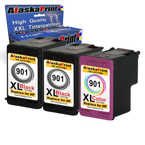 3er Set Druckerpatronen Ersatz für Hp 2x 901 XL schwarz + 1x 901 XL farbig Original alaskaprint Tinte Officejet J4500 black 20ml + color 21ml Ersatz für Hp cc654ae + Hp cc656ae ( 901 xl , hp901xl) Officeserie - 2