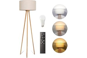 Allesin Lampadaire LED Trépied en Bois pour Salon, Luminosité Réglable et Température de Couleur Réglable, Ampoule LED E27, Abat-Jour en Tissu Lin, Lampadaire Rétro pour Chambre, Bureau