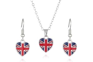 GAUEIOUR Union Jack Flag Necklace Earring Set, Platinum Jubilee Celebration 70th Anniversary Heart Shaped Flag Decorative Earrings Necklace