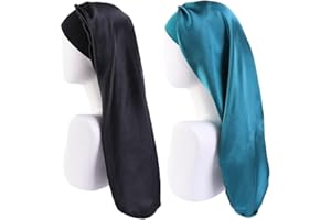 LadayPoa Lange Satin Schlafmütze,2 Stück Große Schlafmützen für Frauen,Lange Zöpfe Satin-Schlafmütze,Extra Große Schlafmütze mit Breites Elastisches Band,Weich und Bequem