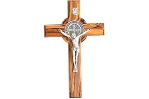 Kassis Geschenkartikel Krzyż z drewna oliwkowego św. Benedykta do zawieszenia krzyż benedyktuski krzyż ścienny krucyfiks do bierzmowania narodziny komunii chrztu 20 x 12,5 cm