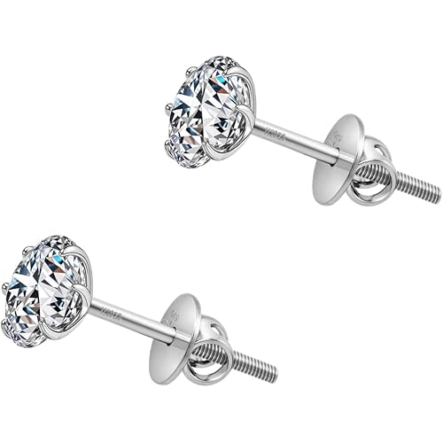 HIGHSPARK 925 Silver Solitaire Screwback Stud Earrings | 92.5 Sterling Silver & Round Brilliant Cubic Zirconia Tops for Men Women