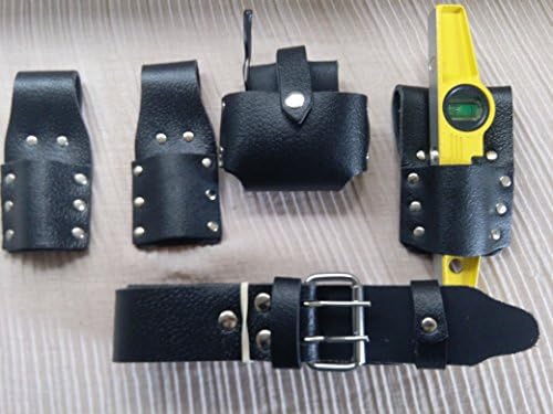 New Black Leather Scaffolding ToolSet Belt 5PCS - Pure Leather Tool Belt with Magnetic Level and 5 M Tape Measure - Top Quality Money Saving Offer