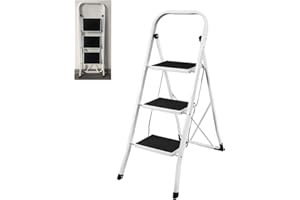 QIMU Heavy Duty Steel Folding Portable 3 Wide Step Ladder with Gripped Tread Anti-Slip,Portable Kitchen Stool, Ideal for Home/Kitchen/Garage/Office/Market/Garden