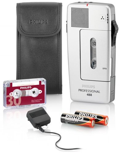 Philips LFH0488 Pocket Memo Dictation Recorder, voice activation, internal battery recharge, slide switch operation, sensitivity switch, silver