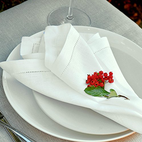 Linen & Cotton 4 x Luxus Stoffservietten FLORENCE mit Hohlsaum - 43cm x 43cm, 100% Leinen (Weiß)
