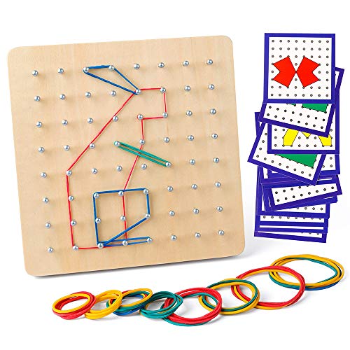 Coogam Wooden Geoboard with Activity Pattern Cards and Latex Bands - 8x8 Pin Geometry Geoboard Montessori Shape Puzzle Board Inspire Kid's Imagination and Creativity