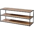 Home Source Compact TV Unit Media Stand, Open Storage Shelves, Black Metal Frame, Oak Effect Finish, 120cm