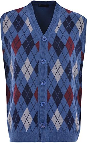 Mens Knitted Sleeveless Cardigan V Neck Front Button Closure Diamond Pattern