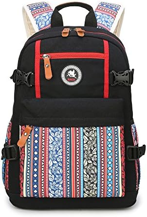 SPLHMILY Bohemian Style Lightweight Canvas Girl Backpack Shoulder Bag for Women, Multi-pockets Rucksack Daypack for Daily Use, Black
