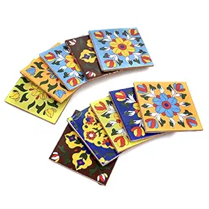 Saliha Ceramic Pottery Floral Ethnic Interior Exterior Crafted Tabletop Flooring Wall Ceramic Tiles(Multi Color) (20, 4x4 inches)