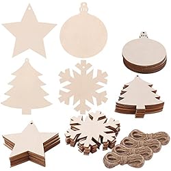 Pllieay - Rodajas de madera con forma de copo de nieve redondo, estrella, árbol de Navidad y cordel de yute para manualidades de niños, adornos de árbol de Navidad, para colgar, 4 estilos, 40 piezas