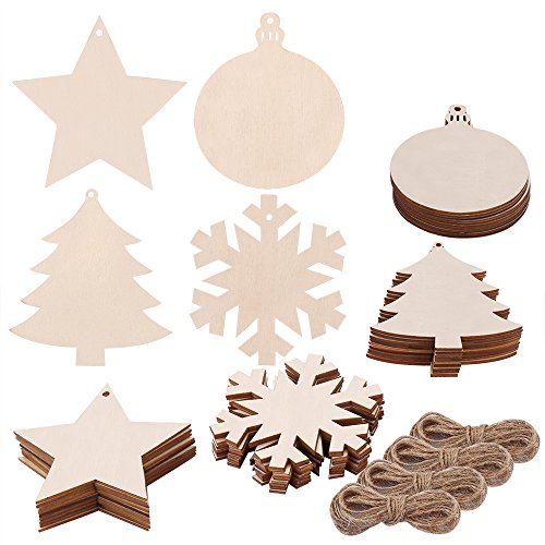 Pllieay - Rodajas de madera con forma de copo de nieve redondo, estrella, árbol de Navidad y cordel de yute para manualidades de niños, adornos de árbol de Navidad, para colgar, 4 estilos, 40 piezas