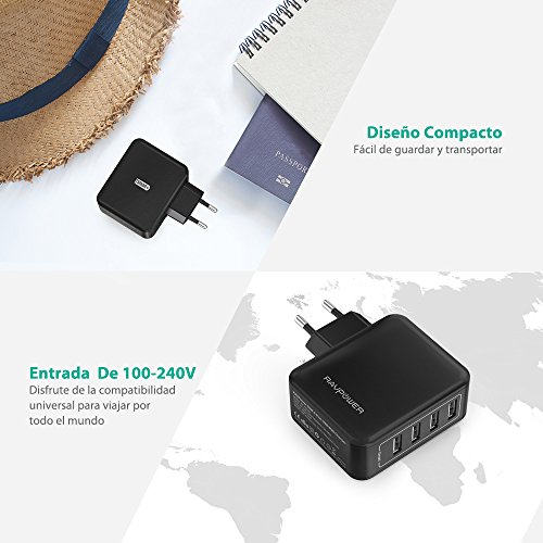 RAVPower Cargador de Pared con 4 Puertos 40W  USB iSmart 2 0  Conector Retr  ctil  Entrada 100-240V  Salida DC 5V   8A M  x  en Total y DC 5V   2 4A m  x  por puerto  - Negro
