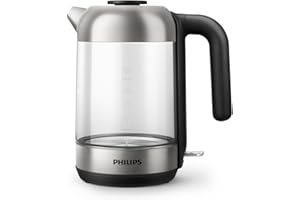 Philips Série 5000 Bouilloire Électrique en Verre - Capacité 1,7L, Résistance Plate pour Ébullition Rapide, Tamis Anti-Calcaire, Base 360° Sans Fil, Couvercle Amovible, Voyant Bleu (HD9339/80)