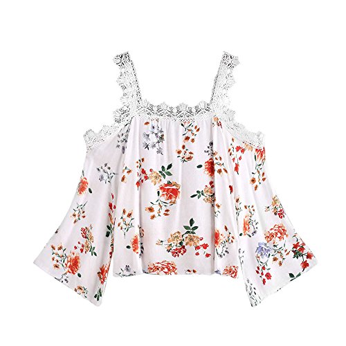 Preisvergleich Produktbild Damen Tops Strene Loveso Frauen Reizend Trägerlose Schulterfrei Blumenmuster Kurzarm Bluse Tops T-Shirt ((Größe):40 (XL), Weiß B)
