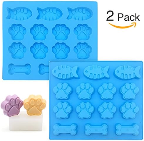 2-Pack 14-cavity Mixed Food Grade Large Mats Trays, Dog Pets Paws Fish and Bones Silicone Baking Moulds, Bake for Kids, Dog-lovers, Kitchen Tips Blue