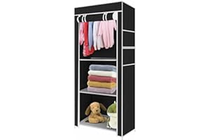 Youyijia 149x70x45cm Portable Wardrobe Single Canvas Wardrobe Clothes Storage Organizer with Hanging Rail Foldable Closet for Clothes, Toys, Shoes, Bags, Living Room, Bedroom, Cloakroom (Black)