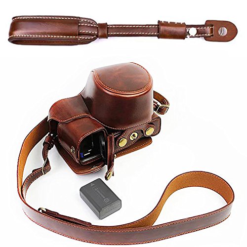 First2savvv XJD-A6300-HH10S10 Premium Qualität braun Ganzkörper- präzise Passform PU-Leder Kameratasche Fall Tasche Cover für Sony ILCE6300 A6300 mit 16-50mm Lens mit Kameragurt