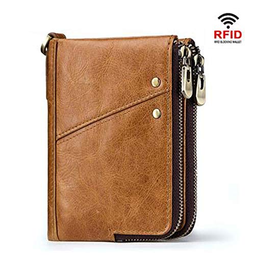Preisvergleich Produktbild Anti-Diebstahl-Bürste RFID Echtleder Herren Brieftasche Multifunktions-Doppel-Reißverschluss vertikale Brieftasche Mode lässig Geldbörse (Khaki color, 10 × 2 × 13cm)