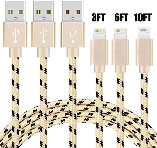 Lightning Cable,3 Pack 3ft 6ft 10ft (1/2/3 m) Nylon Braided Tiny 8-pin Head Lightning to USB Sync &amp; Charger Cable Charging Lead Cord USB Wire with Aluminum Connector for Apple iPhone SE/5/5s/5c 6/6s Plus 7/7s Plus, iPad 4/mini/Air/Pro iPod touch/nano iOS10(Gold)