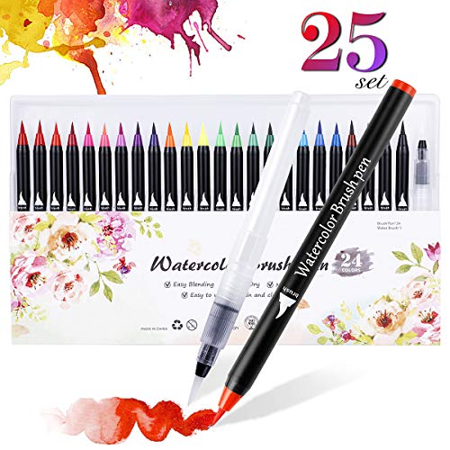 Expower Real Brush Pens, 24 Colours for Watercolour Painting, with 1 Water Pens, Paint Markers for Colouring, Calligraphy and Drawing with Water Brush for Artists and Beginner Painters