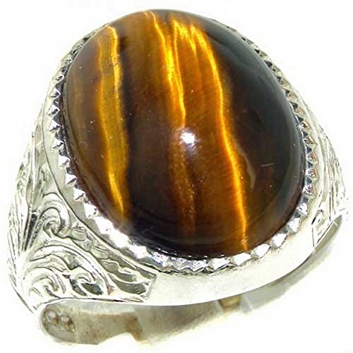 Gents Solid Sterling Silver Ring, Natural Tigers Eye Mens Signet Ring - Size T