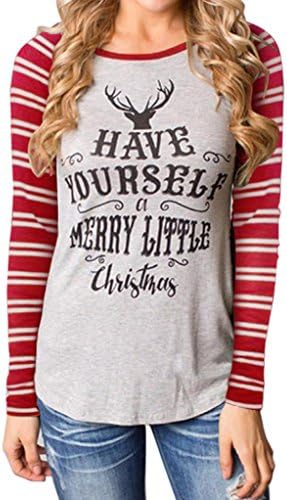 Bestop Women Girls Long Sleeve Christmas Deer Print T-Shirt Fashion O Neck Splice Geometric Printing Tops Blouse Shirt Sweater (XXL, Red)
