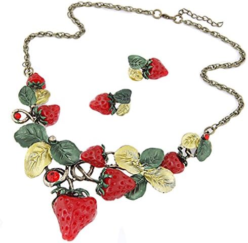 European Exaggerated Cute Alloy Strawberry Shaped Green Leaves Wedding Party Necklace and Earrings Jewelry Set