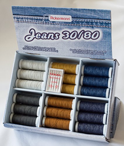 ACKERMANN® Nähfaden-Set „JEANS“ 30/80 mit 36x Rollen Nähgarn und 5x Organ „JEANS“ – Nähnadeln, beides speziell zum Nähen von JEANS-Stoffen und dicken Materialien. - 5