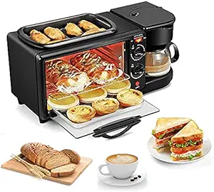 3 in 1 Breakfast Maker with Coffee Maker, Mini Oven, Non Stick Grill Toaster Oven Portable Multifunctional Family Size Breakfast Station, Electric Grilled Machine, Frying Pan for Home, Office