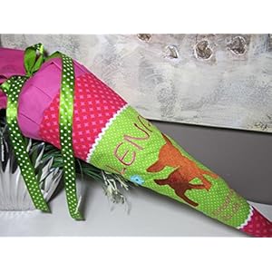 #30 Reh Rehkitz pink-grün Schultüte Stoff + Papprohling + als Kissen verwendbar