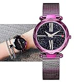 Damenuhr-Magnet-Uhr-Quarz-Armbanduhr-Uhren Sternenhimmel-Vorwahlknopf-Diamant-Ausschnitt Keine Schnalle-Edelstahl-Maschen-Gurt-Uhr mit einzigartigem Magnet-Verschluss (Lila)
