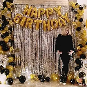 Party Propz Balloon Decoration For Birthday Black Golden Silver - 64Pcs Combo Set - Foil Curtain, Metallic Rubber Balloons, Happy Birthday Balloons, birthday decoration items for boys Girls Women Husband
