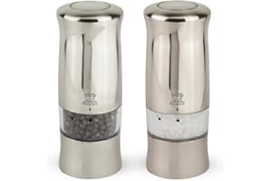 PEUGEOT - Duo Moulin à Poivre + Moulin à Sel Électriques Zeli 14 cm - Avec Eclairage - Poivre Noir + Sel Gemme Inclus - 6 piles + Ampoule De Rechange - Coloris Inox