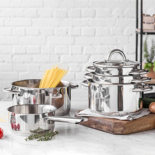 Induktion Topfset Sagan von K & G seit 1948 Kochgeschirr-Set aus Chrom-Edelstahl mit Thermoboden inkl. passenden Glasdeckeln mit Dampfablass und Ausgießsystem - 6