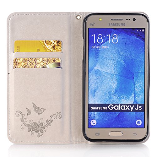 FESELE Rose Blume Schutzhülle für [Samsung Galaxy J5 2015] Brieftasche Hülle Leder Tasche Flip Case Handyhülle mit Standfunktion und Magnetverschluss Muster, Samsung Galaxy J5 2015 Schmetterling Butterfly Rose Flower Strap Bookstyle Retro Flip Hülle Wallet Cover Kartenfach Ledertasche Leder-Mappen-Karten-Slot-Abdeckung für Samsung Galaxy J5 2015 + Blau Eingabestift Stylus Touch Pen-Grau - 4