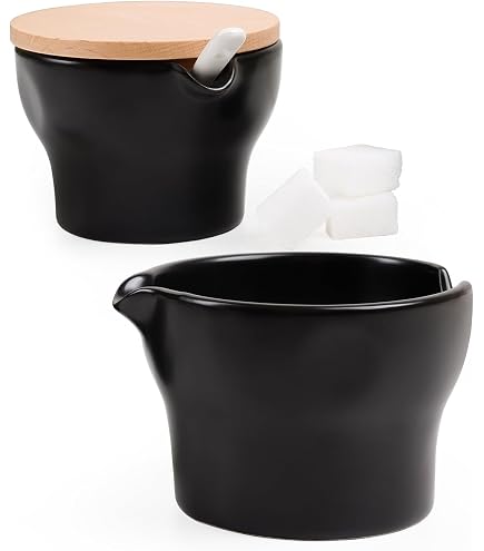 LYEOBOH Zuckerdose 425 Ml – Schwarze Keramik Mit Holzdeckel & Löffel, Bauernhaus-Stil Für Küche & Kaffee-Bar