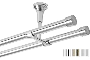 Rollmayer Gardinenstange Edelstahl optic, Ø 19mm, 240cm, Deckenmontage, glänzend, ohne Ringe, mit Endstücken, Trägern, Befestigungsmaterial, 2-läufig, Edelstahl