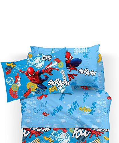 Caleffi Juego completo de sábanas para dormitorio infantil niño/niña modelo Disney Spiderman sky