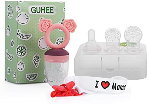 Fresh Food Feeder GUHEE Baby Soft Bite Pacifier Safe Silicone Teether Toys Nibbler Fruit Feeder Feeding Teething Nipple 2 Extra Nipples for Babies &amp; Kids &amp; Toddlers