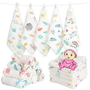 Koochie-Koo Cute Printed Muslin Cloth Organic Cotton Face Towel for New Born, Soft Absorbent Reusable Washable Square Washcloth Wipe Handkerchief for Infant Toddlers (Pack of 5, White)