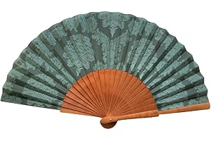 ‎TUSITALA BARCELONA Spanischer Handfächer Damasco Verde–Holz und Baumwolle–23 cm–Etui und Bezug aus Jute–Modeaccessoire–Handgefertigt in Spanien–Events und Geschenke-Traditionskollektion–Tusitala Barcelona