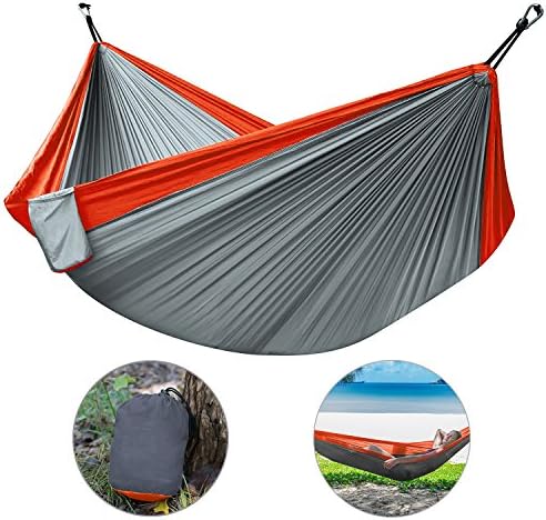 Camping Hammock, Htld Double Hammock Lightweight Portable Nylon Hammock for Backpacking, Hiking, Camping,Survival Travel, Beach Yard with adjustable Tree Straps &amp; Steel Carabiners (Orange+Gray)