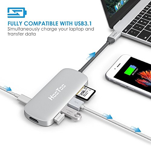 HooToo USB-C Hub Type-C Hub mit drei USB 3.1 Gen 1 Anschlüssen, HDMI, SD-Kartenleser (Stromversorgung für type-c Aufladung, Plug und Play, Aluminiumlegierung) für 2016 Macbook und Chromebook Pixel, Silber - 3