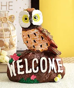 TIED RIBBONS Outdoor Decoration Items | Outdoor Decoration for The Home | Garden Decor | Garden Decor Items | Outdoor Decor | Decorative Owl Welcome Sitting on Welcome Plate